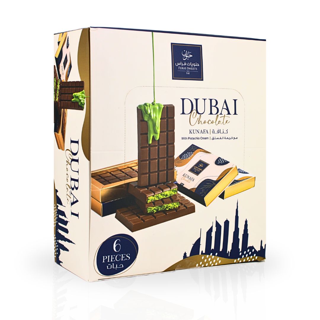 Dubai Kunafa Chocolate Bar 200GMS By Feras Sweets | Chocolate, Creamy Pistachio, Crispy Kunafa, The Viral Dubai Chocolate (BOX OF 6)