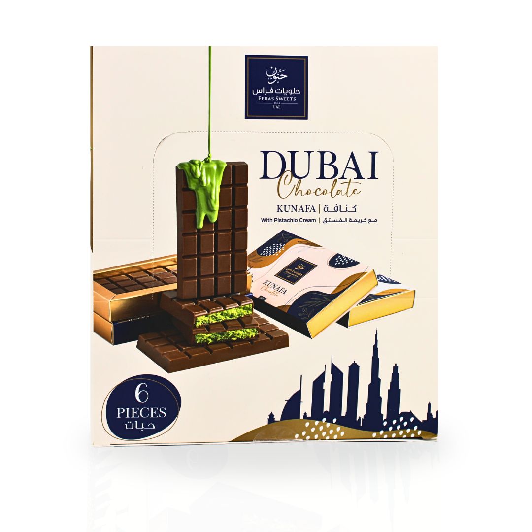 Dubai Kunafa Chocolate Bar 200GMS By Feras Sweets | Chocolate, Creamy Pistachio, Crispy Kunafa, The Viral Dubai Chocolate (BOX OF 6)