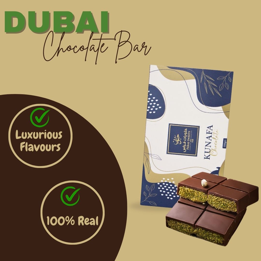 Dubai Kunafa Chocolate Bar 200GMS By Feras Sweets | Chocolate, Creamy Pistachio, Crispy Kunafa, The Viral Dubai Chocolate (BOX OF 6)