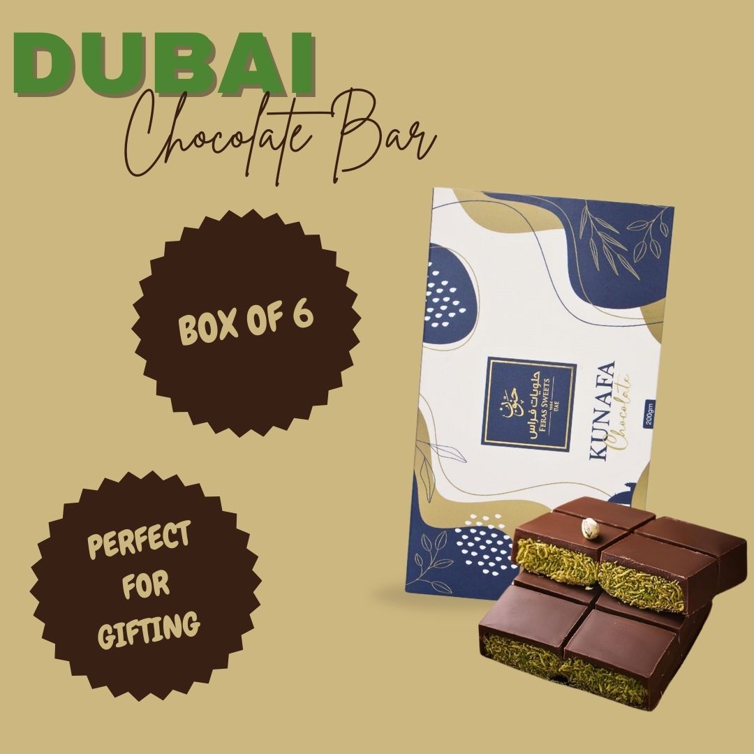 Dubai Kunafa Chocolate Bar 200GMS By Feras Sweets | Chocolate, Creamy Pistachio, Crispy Kunafa, The Viral Dubai Chocolate (BOX OF 6)